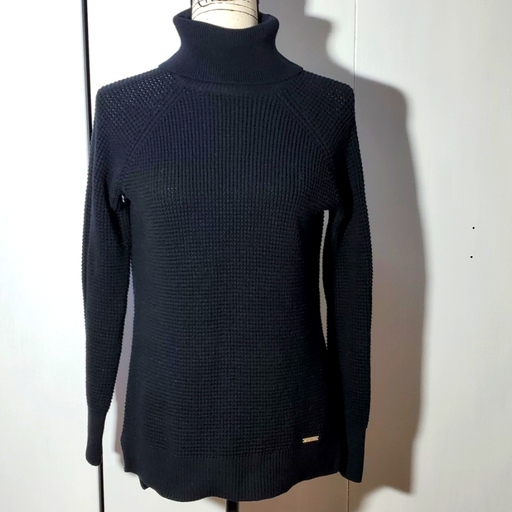 Michael Kors|Womens Black Turtleneck Ribbed Neutral Logo Sweater Sz.Small